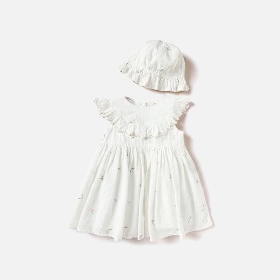 Giggles All-Over Floral Embroidered A-line Dress with Bucket Hat