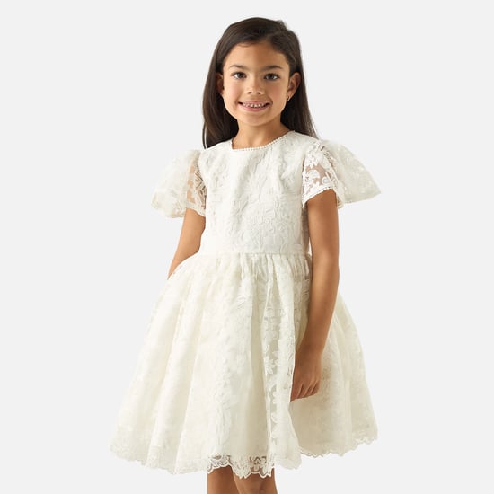 Juniors Floral Embroidered A-line Dress with Flared Sleeves