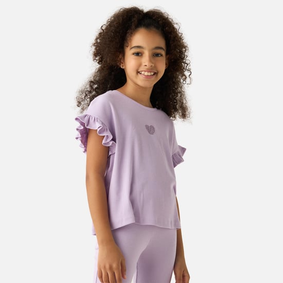Juniors Heart Embellished Ribbed T-Shirt with Short Sleeves