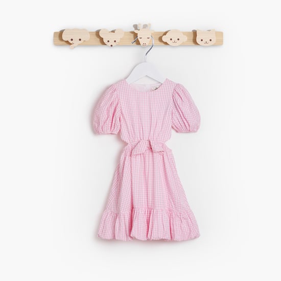 Juniors Checked A-Line Dress with Balloon Sleeves and Bow Detail