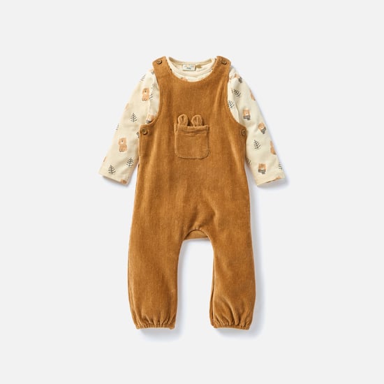 Juniors Bear Print T-shirt and Ribbed Dungaree Set