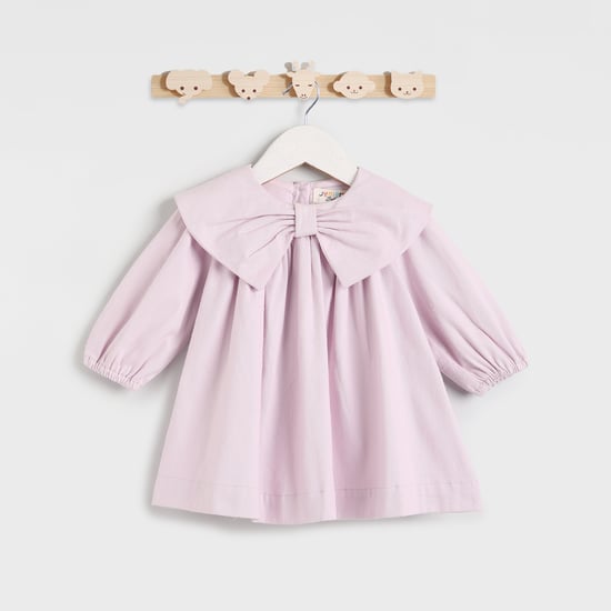 Juniors Solid A-line Dress with Bow Collar and Long Sleeves
