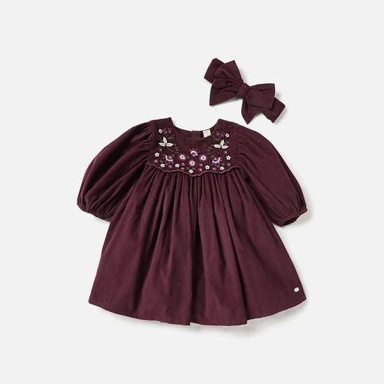 Giggles Floral Embroidered A-Line Dress with Bow Headband