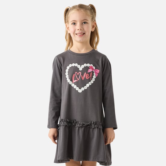 Juniors Heart Print Drop Waist A-line Dress with Long Sleeves
