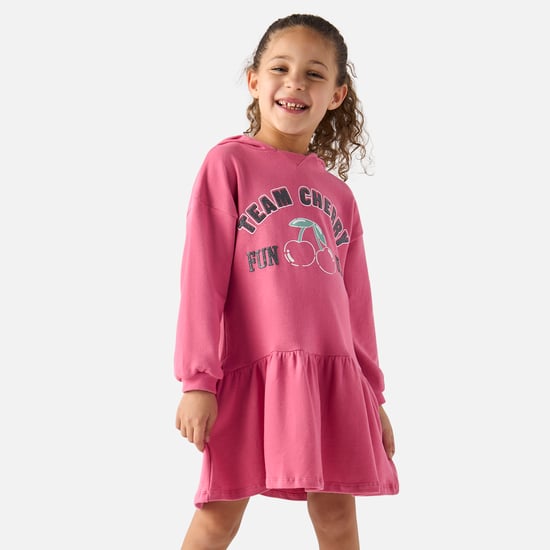 Juniors Printed Drop Waist Dress with Hood