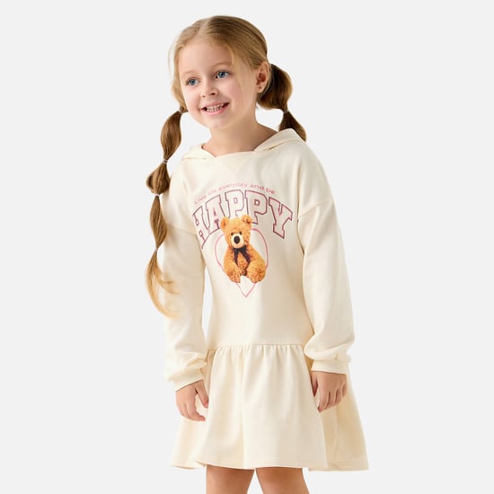 Juniors Graphic Print Drop Waist Dress with Hood