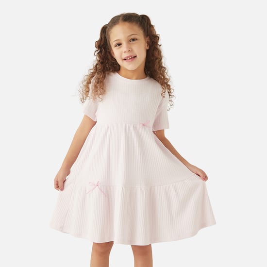 Juniors Ribbed A-line Dress with Round Neck and Bow Detail
