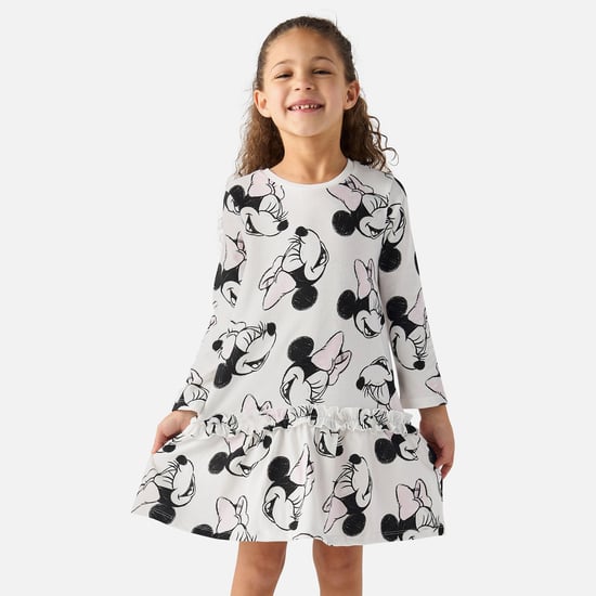 Minnie Mouse Print Long Sleeves A-line Dress with Ruffle Detail