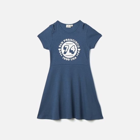 Juniors Printed A-Line Dress with Round Neck and Cut-Out Detail