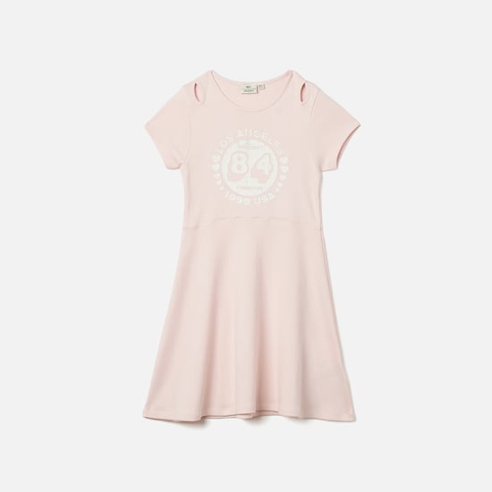 Juniors Varsity Print A-Line Dress with Cut-Out Detail