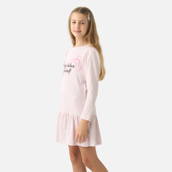 Juniors Slogan Print Drop Waist Dress with Long Sleeves