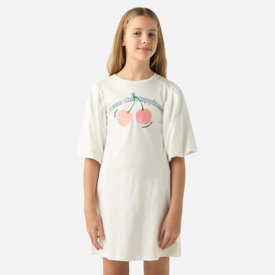 Juniors Slogan Print Round Neck Dress with Balloon Sleeves