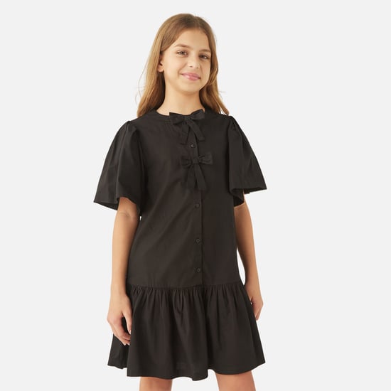 Juniors Solid Drop Waist Dress with Bow Applique and Flutter Sleeves