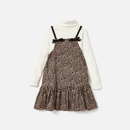 Juniors Printed A-Line Dress with Turtle Neck T-shirt