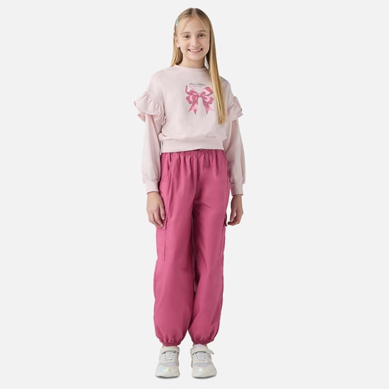 Juniors Bow Print Sweatshirt with Long Sleeves and Round Neck