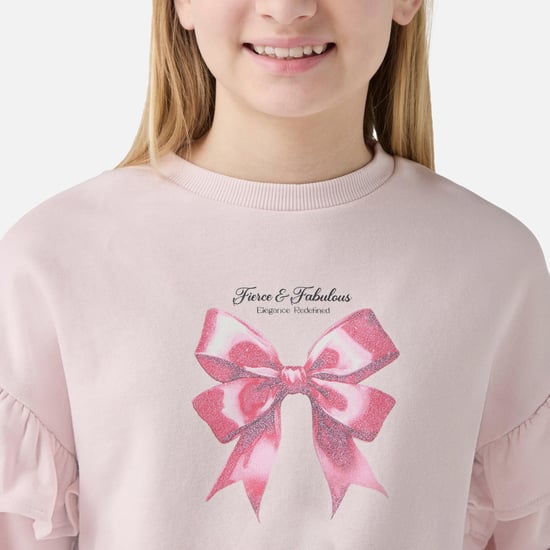Juniors Bow Print Sweatshirt with Long Sleeves and Round Neck