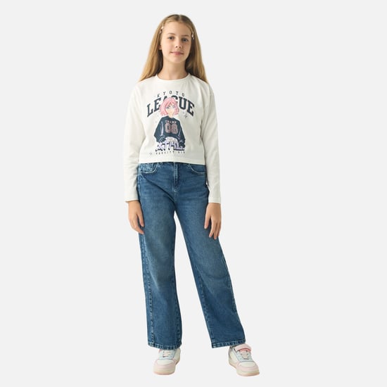 Juniors Anime Print Round Neck T-shirt with Long Sleeves