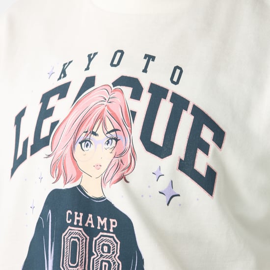 Juniors Anime Print Round Neck T-shirt with Long Sleeves