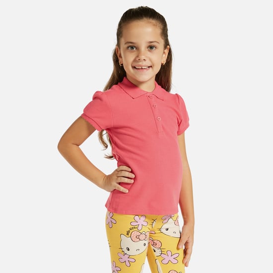 Juniors Solid Polo T-shirt with Short Sleeves and Button Closure
