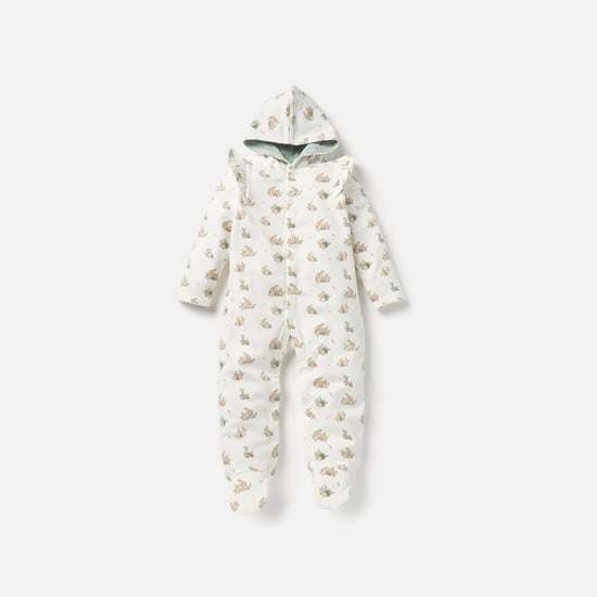 Juniors All-Over Bunny Print Footed Sleepsuit with Hood and Ruffle Detail