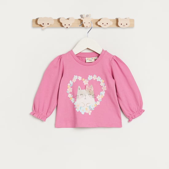 Juniors Cat Print Rount Neck T-shirt with Long Sleeves