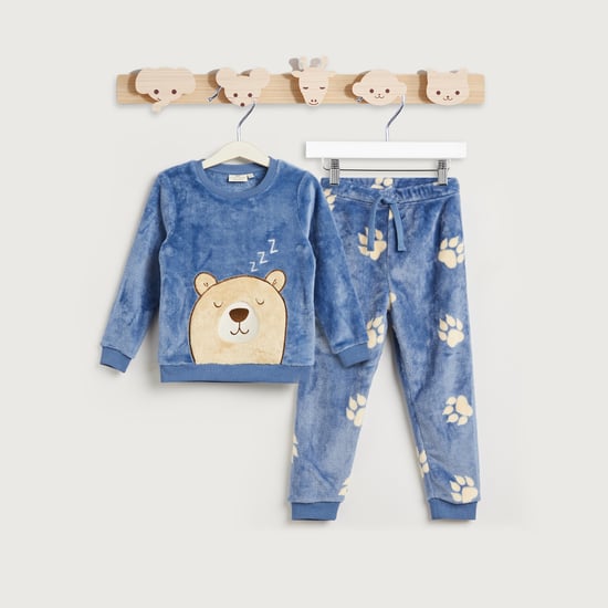 Juniors Bear Embroidered Fleece Sweatshirt and Pyjama Set