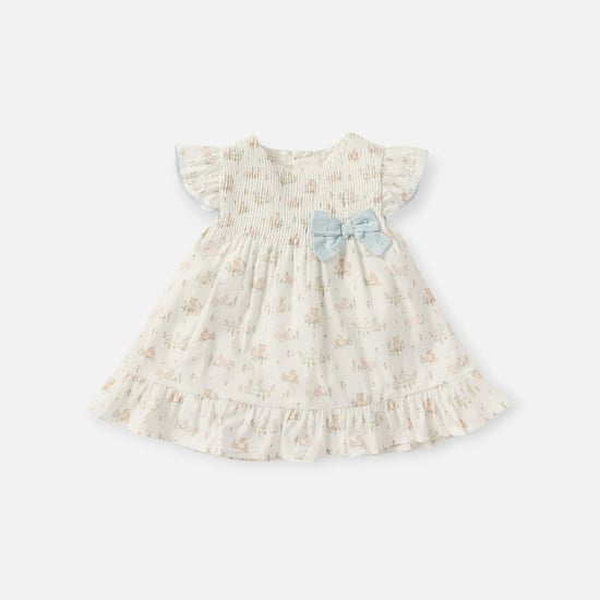 Giggles Printed A-Line Dress with Flutter Sleeves and Bow Accent