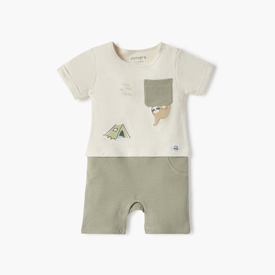 Juniors Embroidered Romper with Short Sleeves and Button Closure