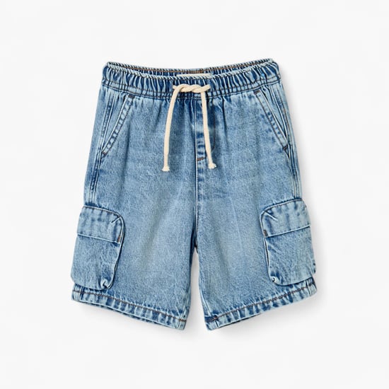 Juniors Washed Denim Cargo Shorts with Drawstring Closure