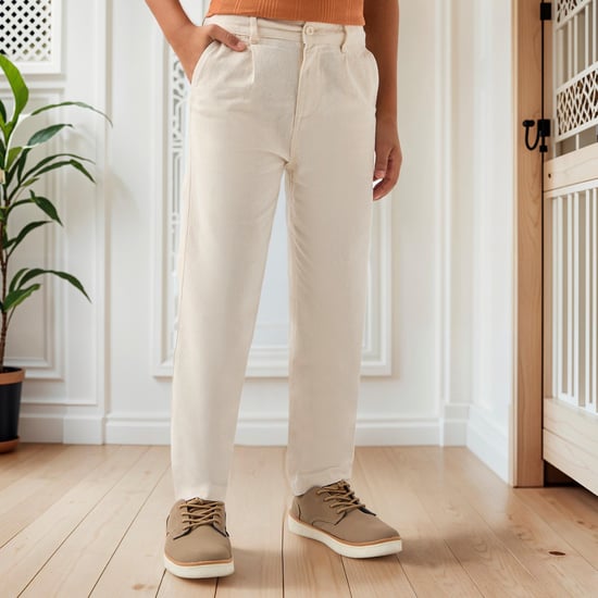 Juniors Solid Pants with Pockets and Button Closure