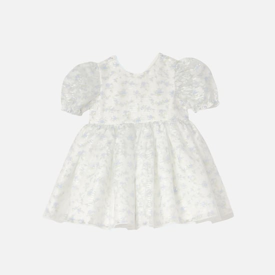 Juniors Embellished Puff Sleeves Dress with Bow Accent