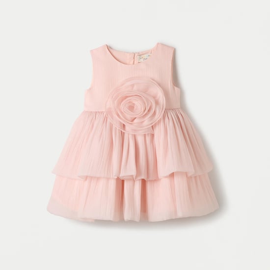 Juniors Textured Tiered Dress with Round Neck and Floral Detail