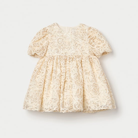 Juniors Sequinned A-line Dress with Puff Sleeves