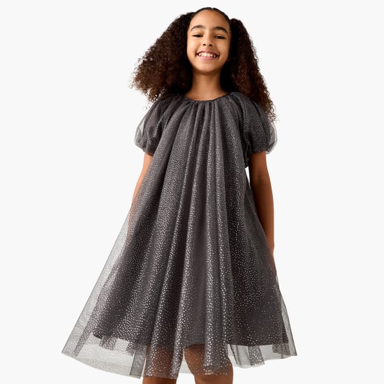 Juniors Embellished A-line Dress with Round Neck and Short Sleeves