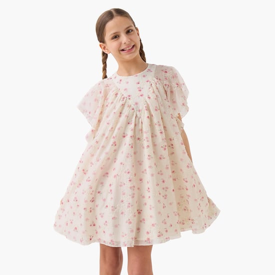 Juniors Eligo Floral Print Dress with Round Neck and Flutter Sleeves