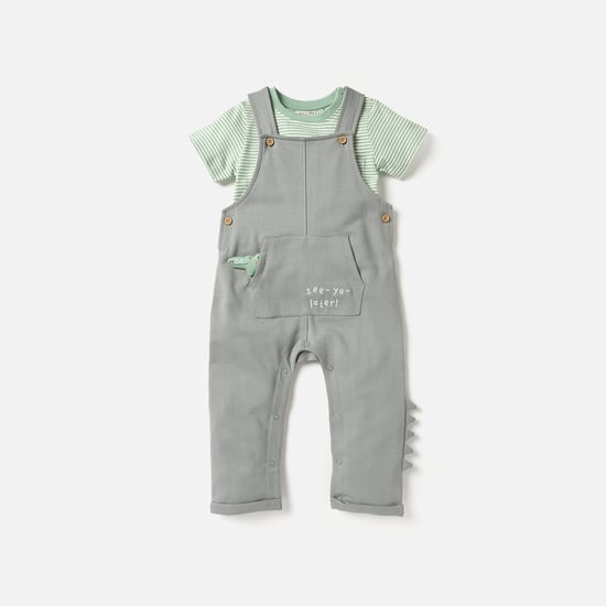 Juniors Crocodile Applique Dungaree and Striped T-shirt