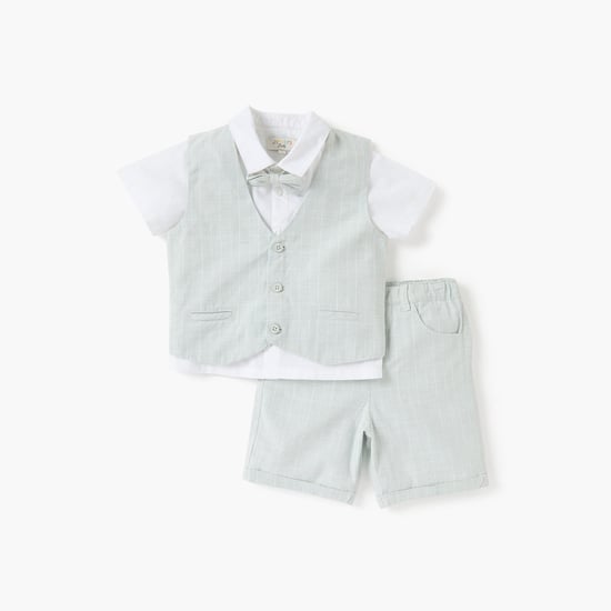 Juniors Solid Shirt with Waistcoat, Bow, and Shorts Set