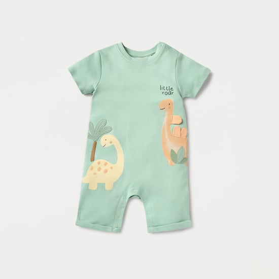 Juniors Dinosaur Applique Romper with Short Sleeves and Button Closure