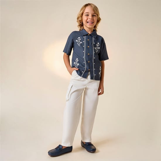 Juniors Floral Embroidered Shirt with Short Sleeves