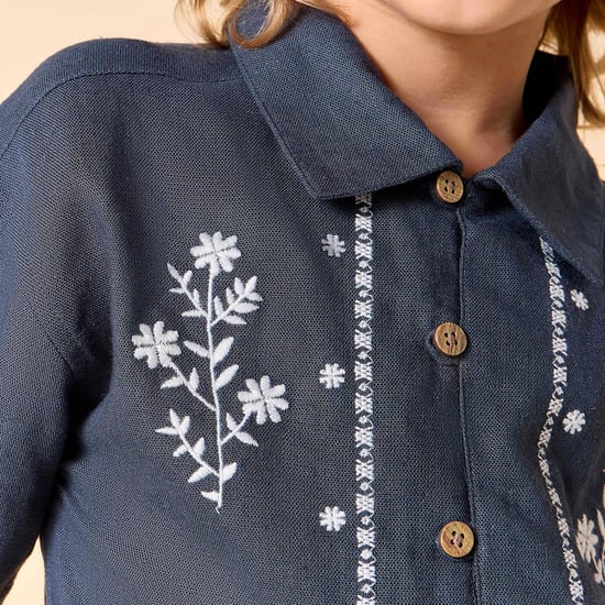 Juniors Floral Embroidered Shirt with Short Sleeves
