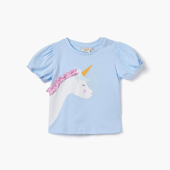 Juniors Unicorn Applique T-shirt with Puff Sleeves