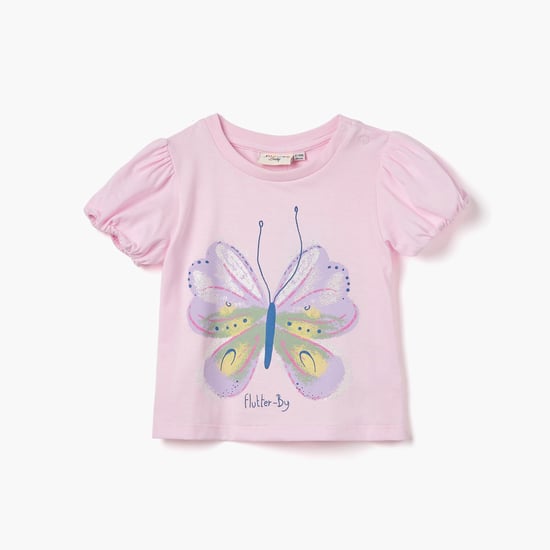 Juniors Butterfly Print T-shirt with Puff Sleeves