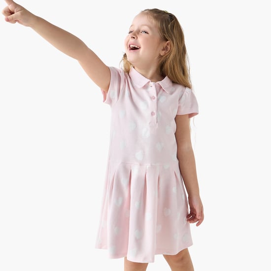 Juniors Heart Print Polo Dress with Short Sleeves