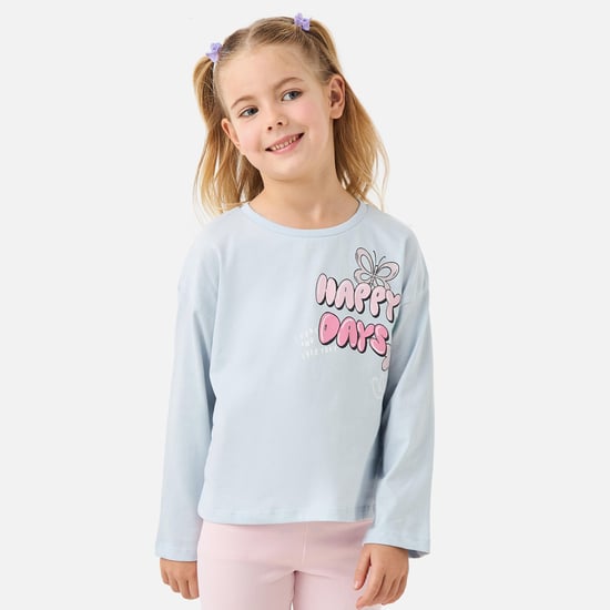Juniors Typographic Print T-shirt with Round Neck and Long Sleeves