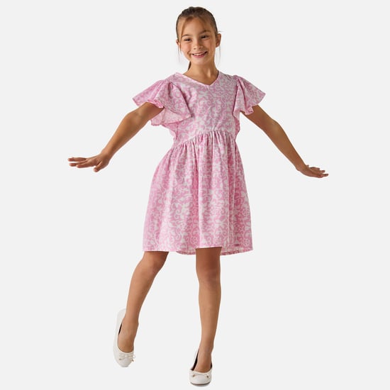 Juniors Flower Print V-Neck Dress with Ruffle Sleeves