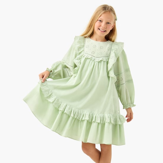 Juniors Eligo Schiffli Detail Dress with Ruffles and Volume Sleeves