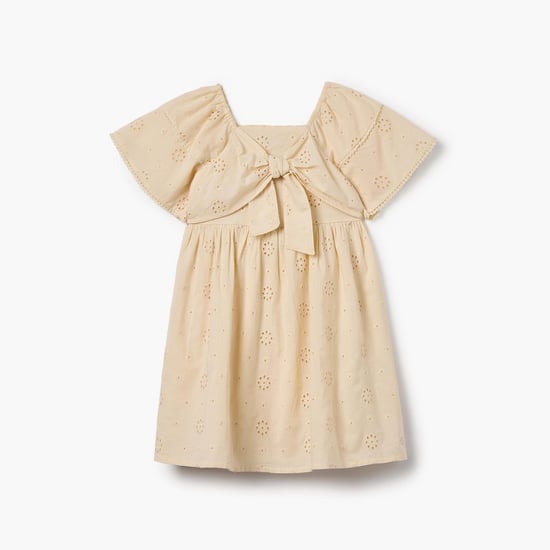 Juniors Schiffli A-line Dress with Bow Detail and Short Sleeves