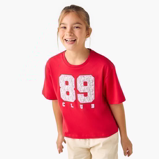 Juniors Graphic Print Round Neck T-shirt with Short Sleeves