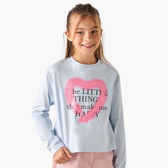 Juniors Heart Print Round Neck T-shirt with Long Sleeves