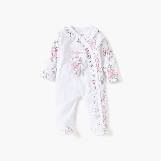 Marie Cat Print Closed Feet Sleepsuit with Frill Detail and Snap Button Closure